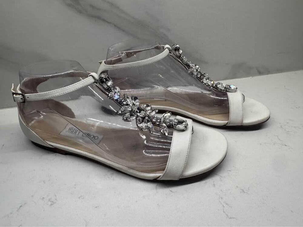 Jimmy Choo Size 40 Averie White Leather Embellished Crystal Sandals
